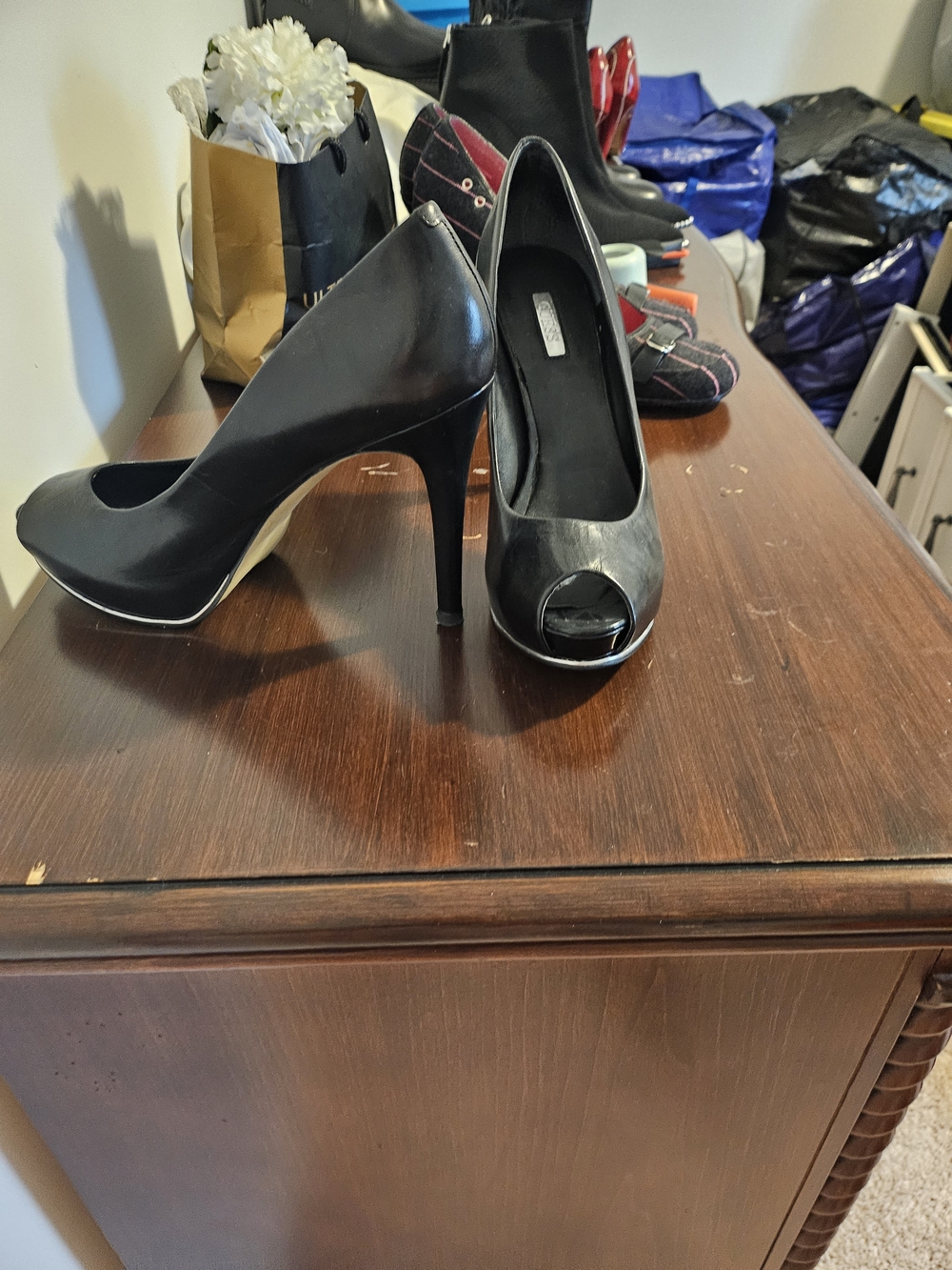 Guess Black Leather Peep-Toe Stiletto Pumps